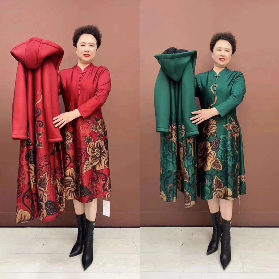 H-冬季新款连帽加绒保暖民族风套裙两件套