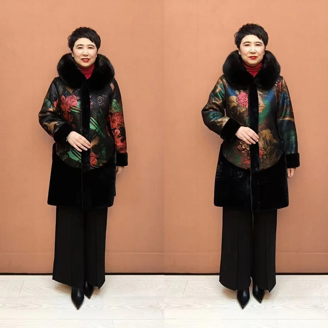 M-冬季加绒妈妈装时尚连帽中长款加绒加厚保暖大码外套