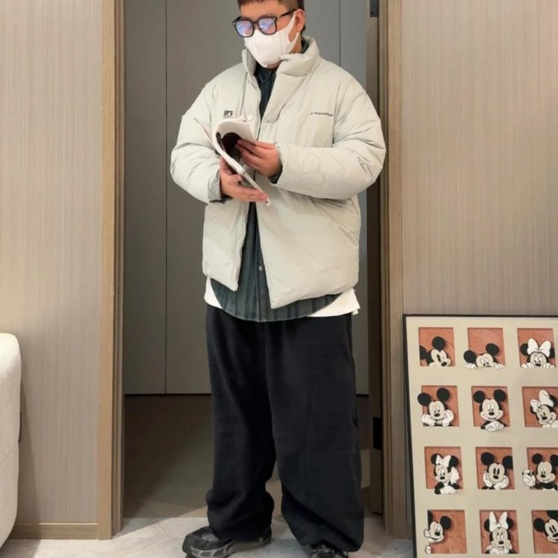 陈达浪不太胖大码男装冬季新款羽绒服条纹牛仔衬衫加绒裤搭配套装