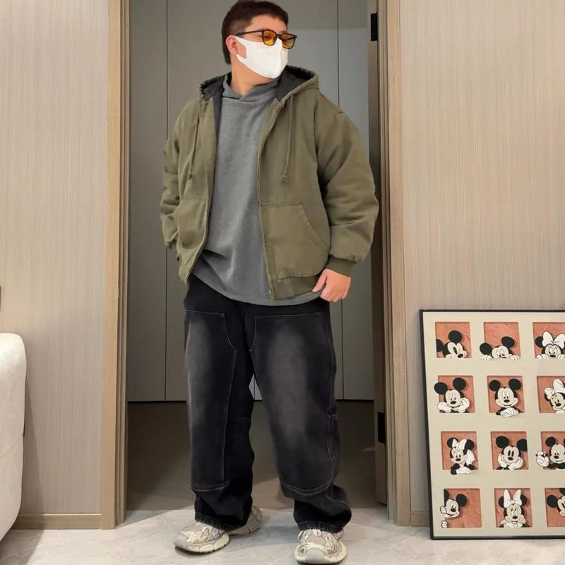 陈达浪不太胖大码男装冬季新款绿棉衣灰加绒卫衣黑加绒裤搭配套装