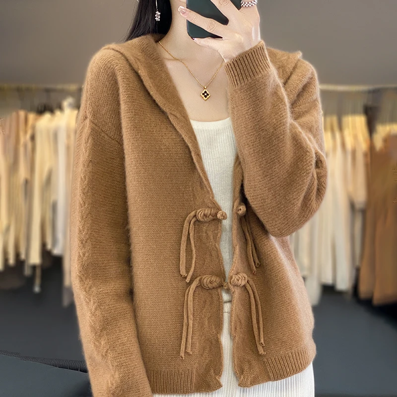 秋冬新款针织开衫女中式盘扣连帽毛衣外套3236