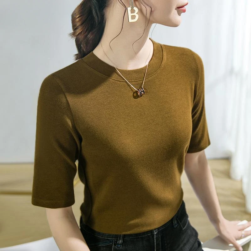 中袖打底衫女春秋2025新款内搭修身洋气显瘦欧货七分袖t恤上衣
