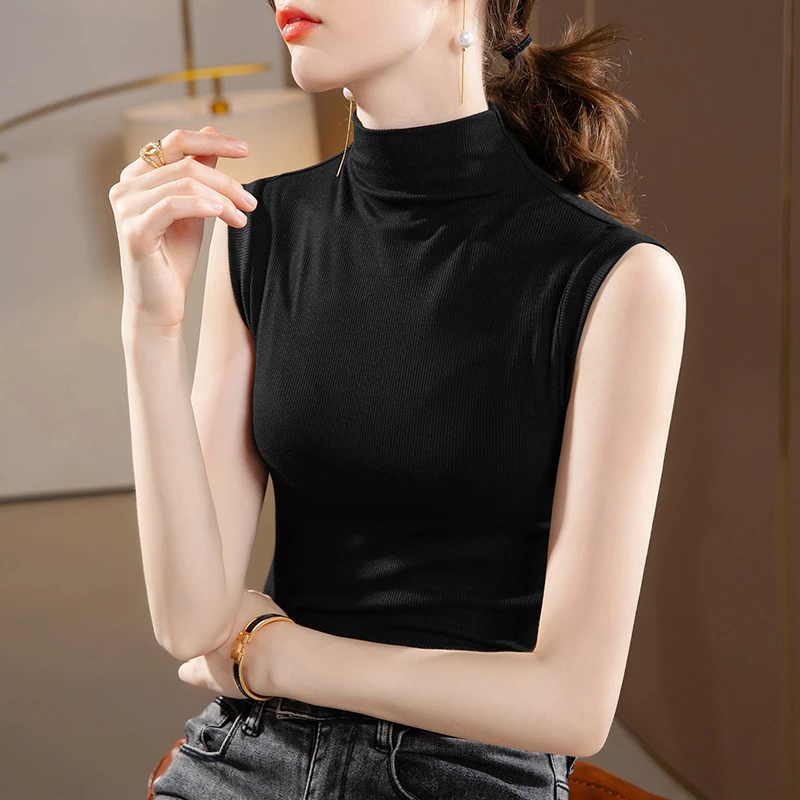 半高领欧货无袖t恤女上衣2025新款秋季吊带背心内搭坎肩打底衫