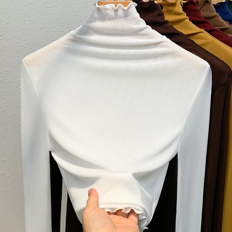 半高领网纱打底衫女装秋冬2025新款长袖内搭弹力修身木耳边上衣女