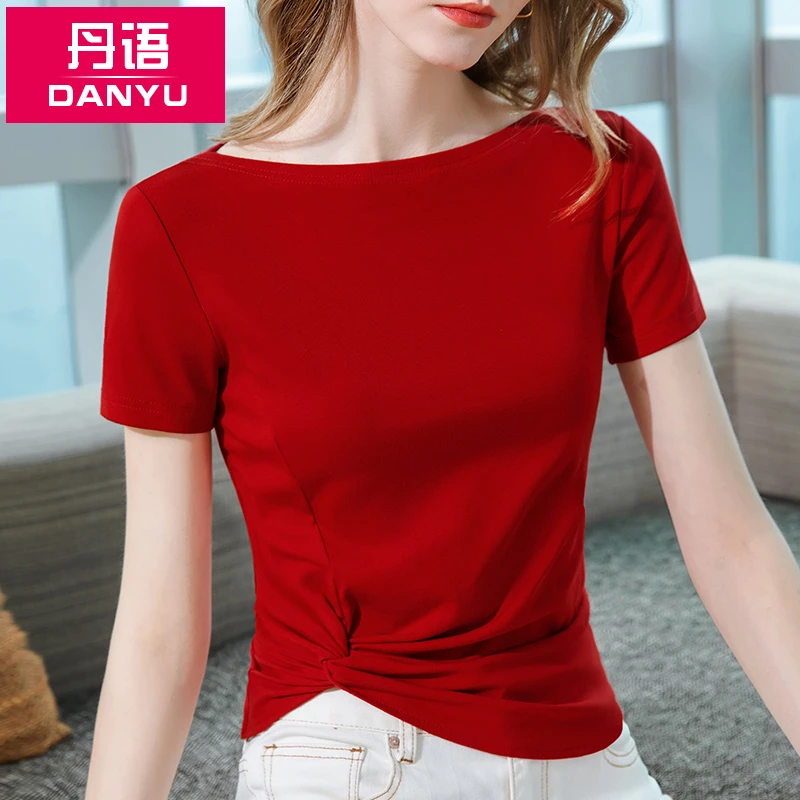 短袖t恤夏女装2025年新款修身气质一字领上衣不规则女士显瘦体恤