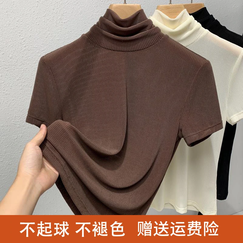 高领网纱上衣高级感欧货冰丝短袖打底衫轻薄t恤秋季2025新款女装