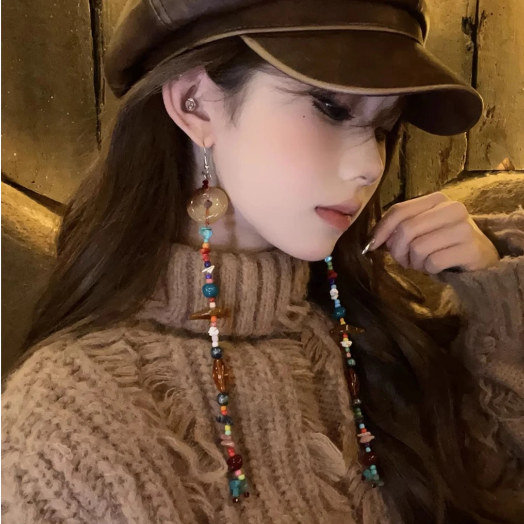 合金树脂耳饰 异域女神~复古民族风长款流苏彩色串珠耳环杨幂同款