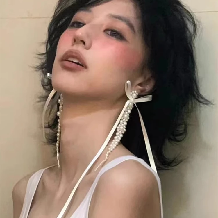 非金属仿珍珠耳饰 法式慵懒~白色丝带珠珠流苏耳环芭蕾显脸小耳饰
