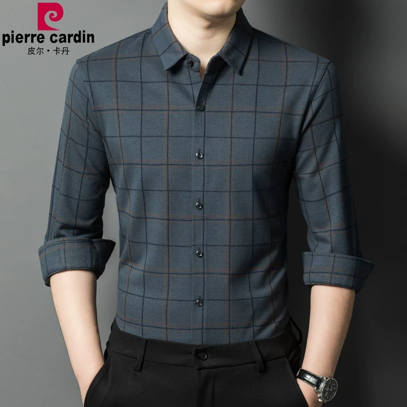 皮尔卡丹专柜长袖衬衫男秋季新款中年商务休闲格子高级感羊毛衬衣