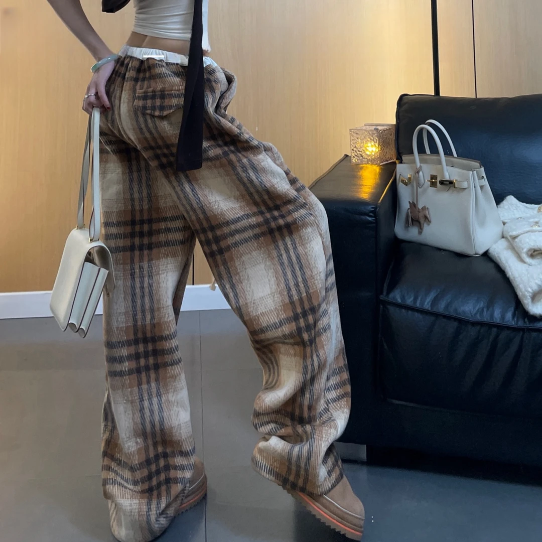 复古格纹加绒裤子女秋冬2024新款宽松休闲毛呢格子慵懒加厚阔腿裤