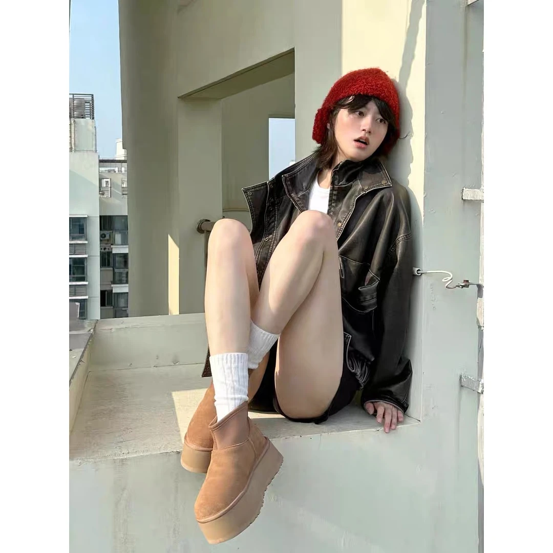 桑坡雪地靴靴栗色短款保暖弹力布雪地靴皮毛一体外穿雪地百搭