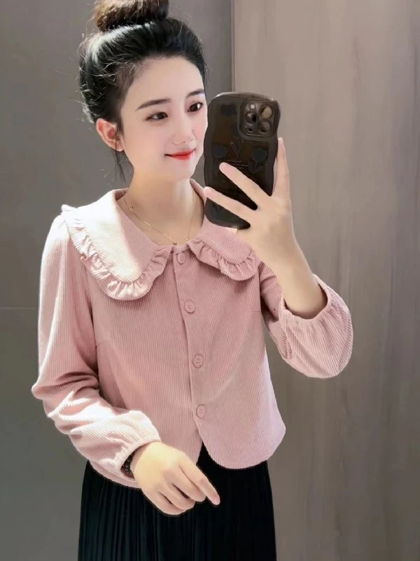 木耳边娃娃领长袖衬衫女2025秋冬新款韩版宽松洋气甜美百搭上衣潮