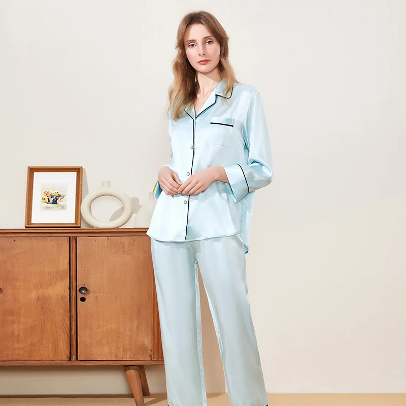 【100%桑蚕丝】睡衣女重磅纯色长袖长裤简约休闲舒适居家服629009