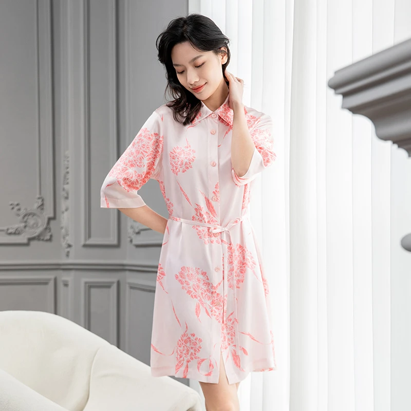 真丝衬衫裙100%桑蚕丝绣球花七分袖印花家居服女82021083