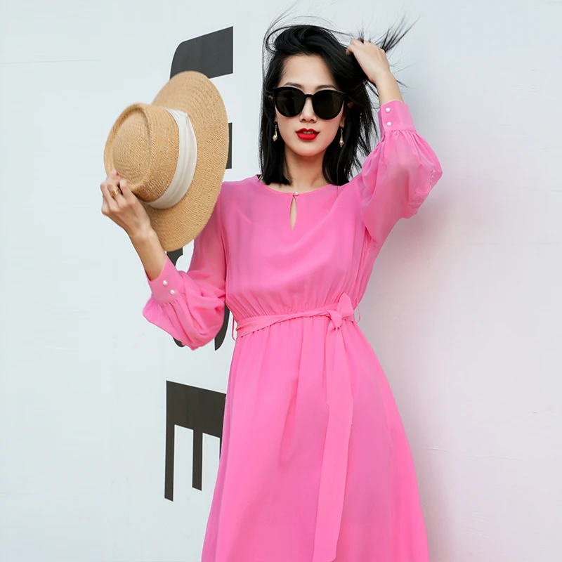 100%桑蚕丝丝绸贴布刺绣纯色双层圆领裙子70051916