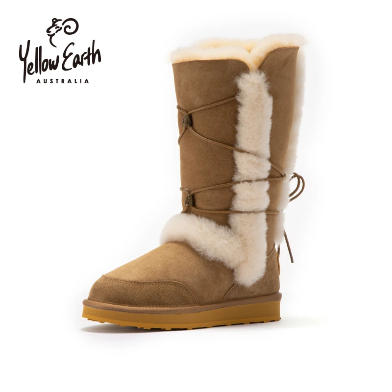 YellowEarth2025秋冬羊毛皮一体绕带毛边高筒女保暖防滑雪地靴19F