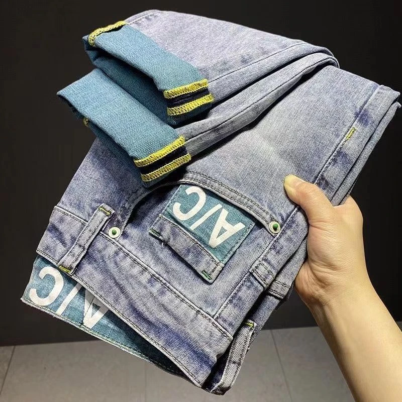 港风潮男2023春秋季个性字母牛仔裤男士嘻哈潮高街潮流痞帅长裤子