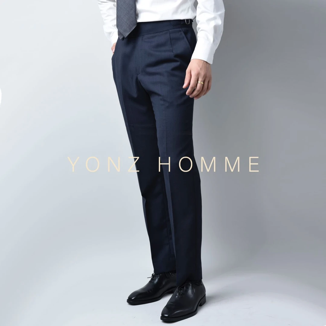 YONZ HOMME 黑青鸟眼纹男士西裤007同款直筒修身职业西装裤商务