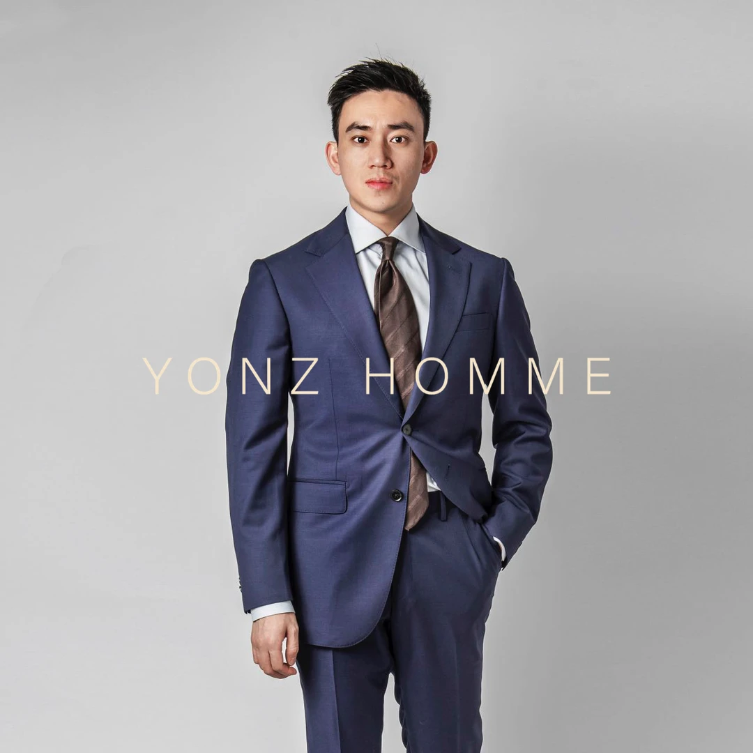 YONZ HOMME藏青色男士平驳领羊毛西装套西两件套皮带扣西裤套装