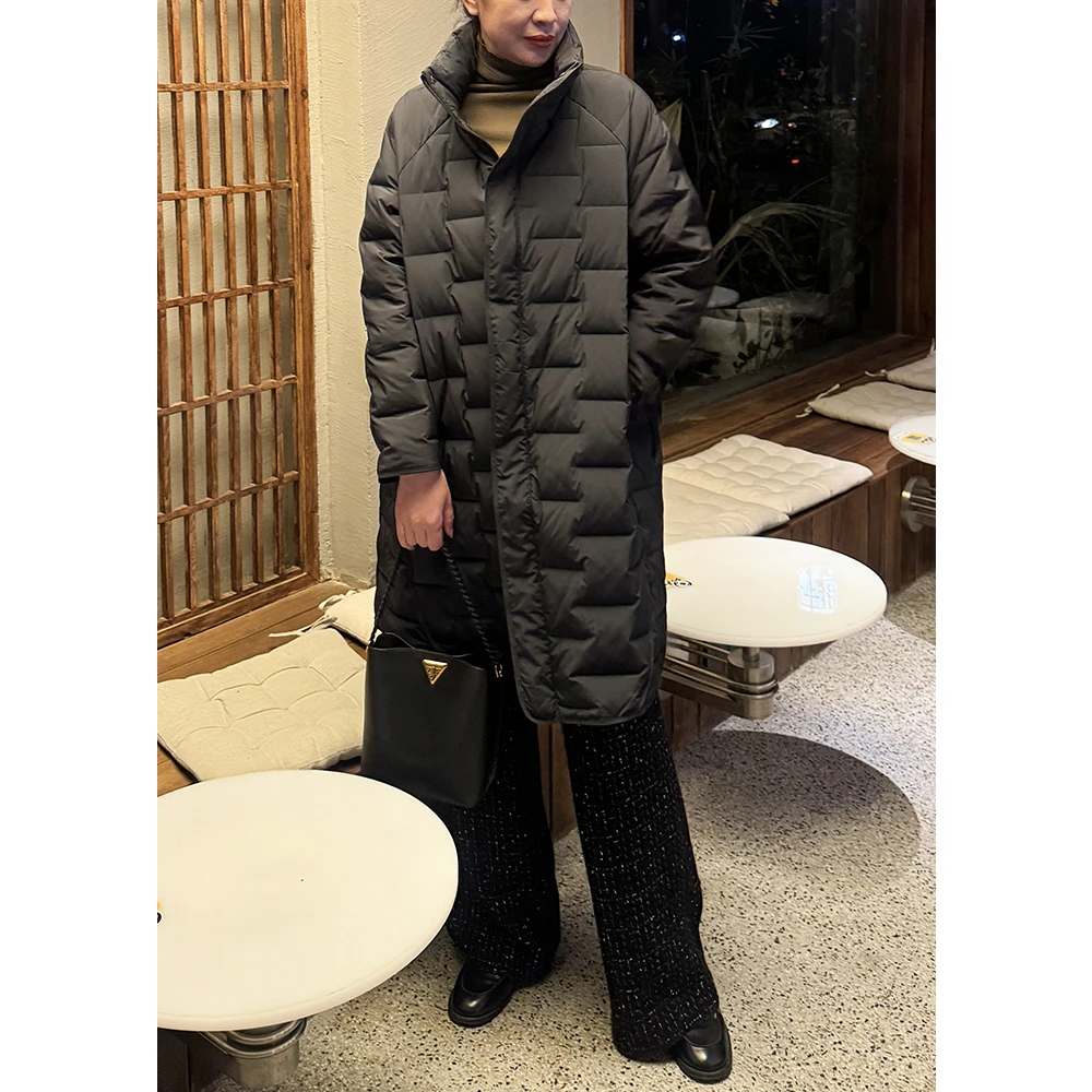 小宁定制  「90白鸭绒 」中长款压格长款羽绒服过膝 2432