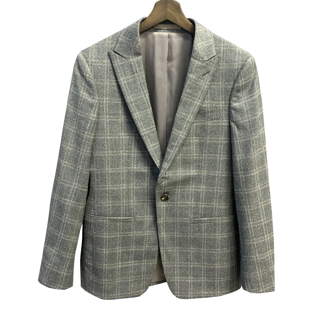 鸟【绵羊毛+桑蚕丝】灰色格戗驳领花角扣活袖双叉磨毛单西XZ007