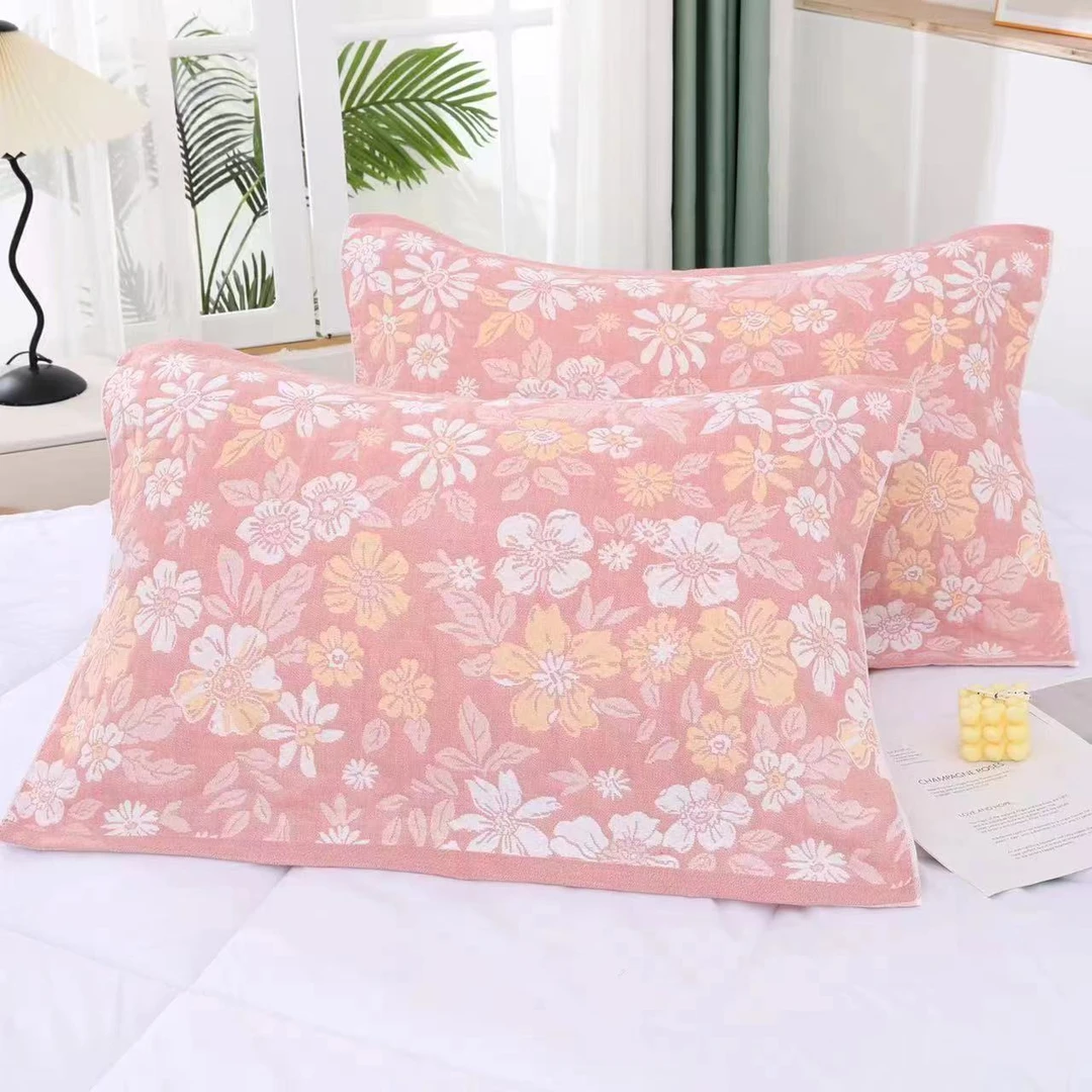 田园花 52*78纯棉多层纱布枕巾一对装