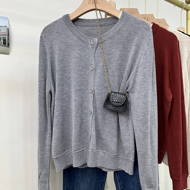 356早秋针织开衫外搭圆领长袖上衣打底衫纯色百搭显瘦毛衣外套女
