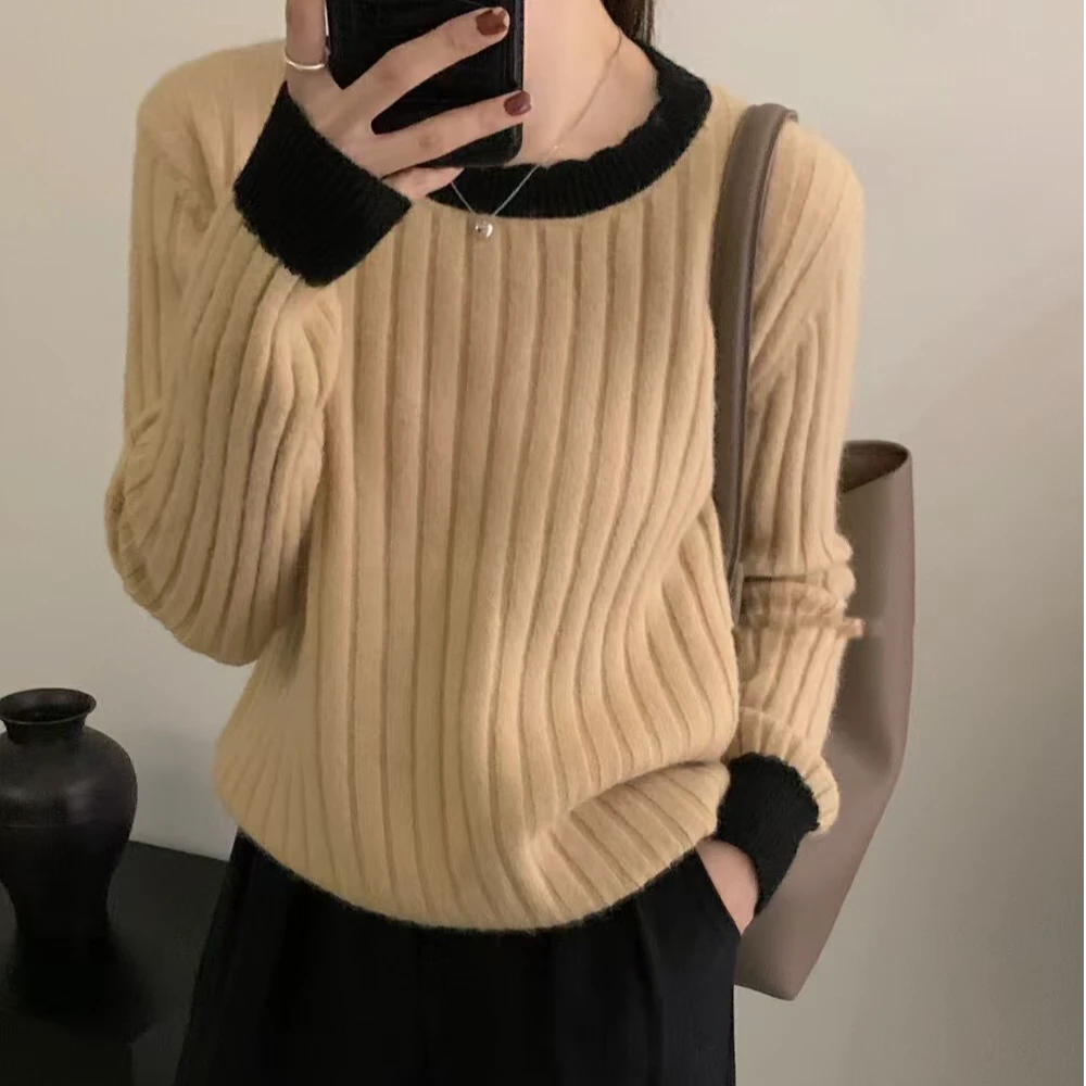 675【冬上新】秋冬法式减龄圆领撞色百搭长袖针织衫毛衣女