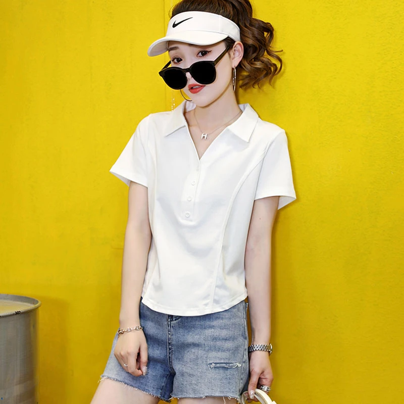短款POLO衫短袖T恤女装夏季新款透气不闷热打底衫修身显瘦翻领