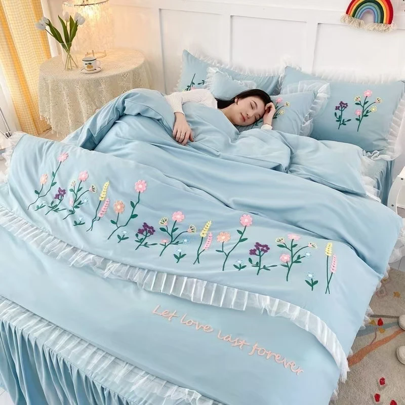 网红亲肤毛巾绣雏菊之恋四件套公主双人版大小床