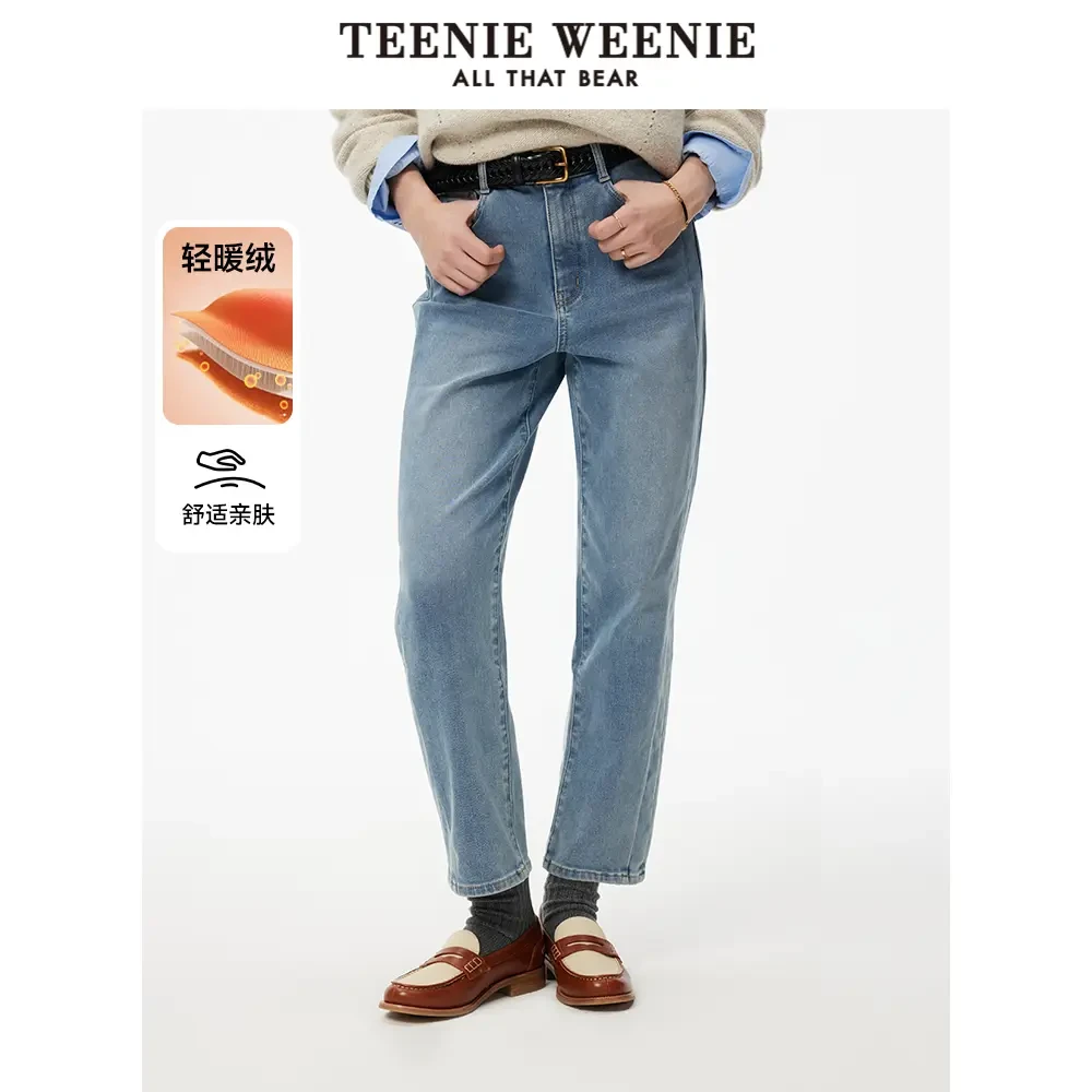 TeenieWeenie小熊轻暖绒牛仔裤24通勤休闲磨毛烟管裤TTTJ244V03W