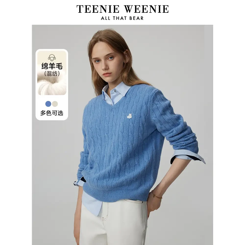 #TeenieWeenie小熊v领绞花绵羊毛毛衣针织衫质感软糯TTKW244903P