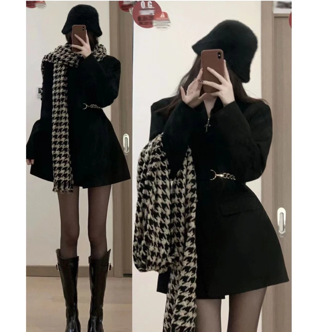 西装外套女套装显瘦修身春秋赫本风高级感网红黑色小个子西装裙