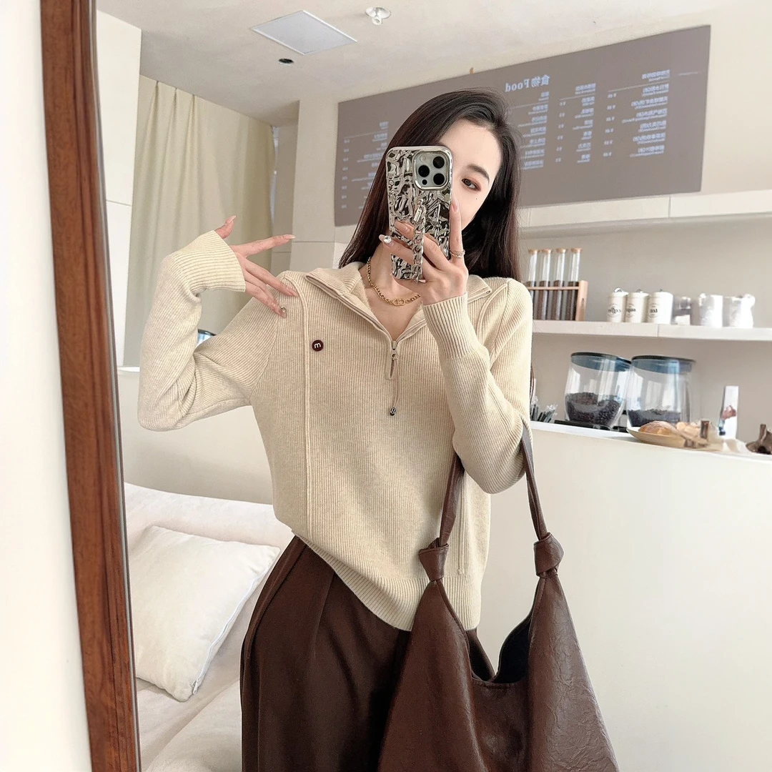 一体绒加厚毛衣女秋冬新款半开领拉链针织打底修身保暖内搭上衣