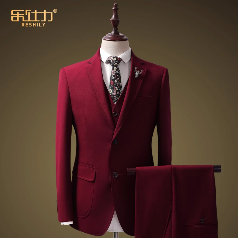 RESHILY/乐仕力西服套装男修身正装红色婚礼帅气新郎结婚西装礼服