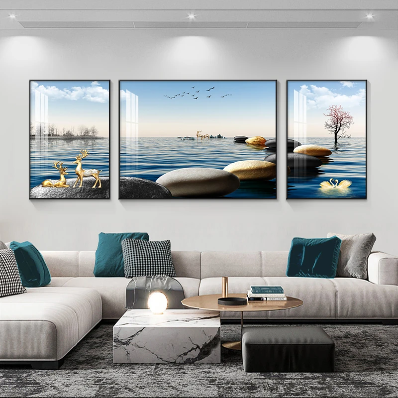 石来运转三联画客厅装饰画沙发背景墙画现代简约挂画北欧轻奢壁画