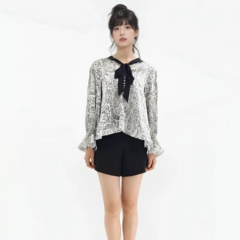 103.黑白碎花轻职风薄款长袖女士时尚V领百搭夏季衬衫