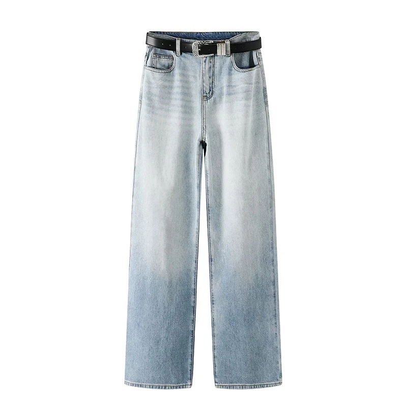 82.秋冬新款腰带渐变牛仔裤高腰直筒休闲复古宽松潮流