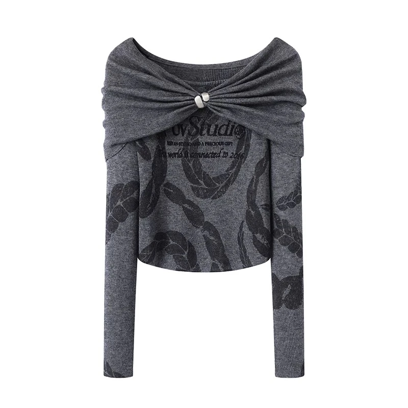 165冬季新款一字肩锁链针织衫