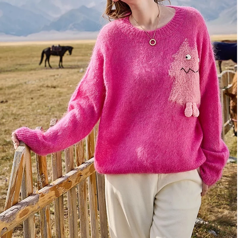 秋季新款圆领粉色长袖针织衫网红时尚百搭宽松慵懒风