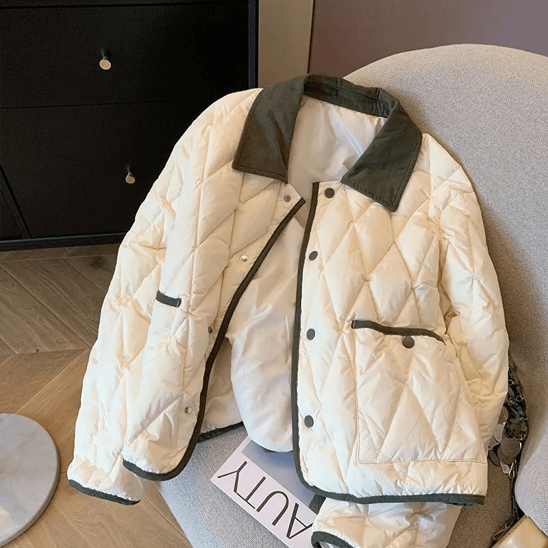 小香风撞色菱格翻领棉服秋冬女2023时尚宽松百搭短款轻薄夹棉外套