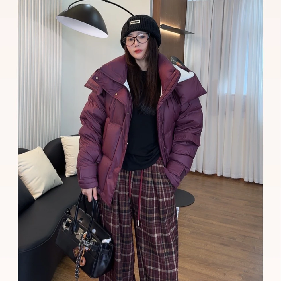 【可扫码追溯保真90白鸭绒】撞色连帽加厚魔术贴面包服东北保暖外套