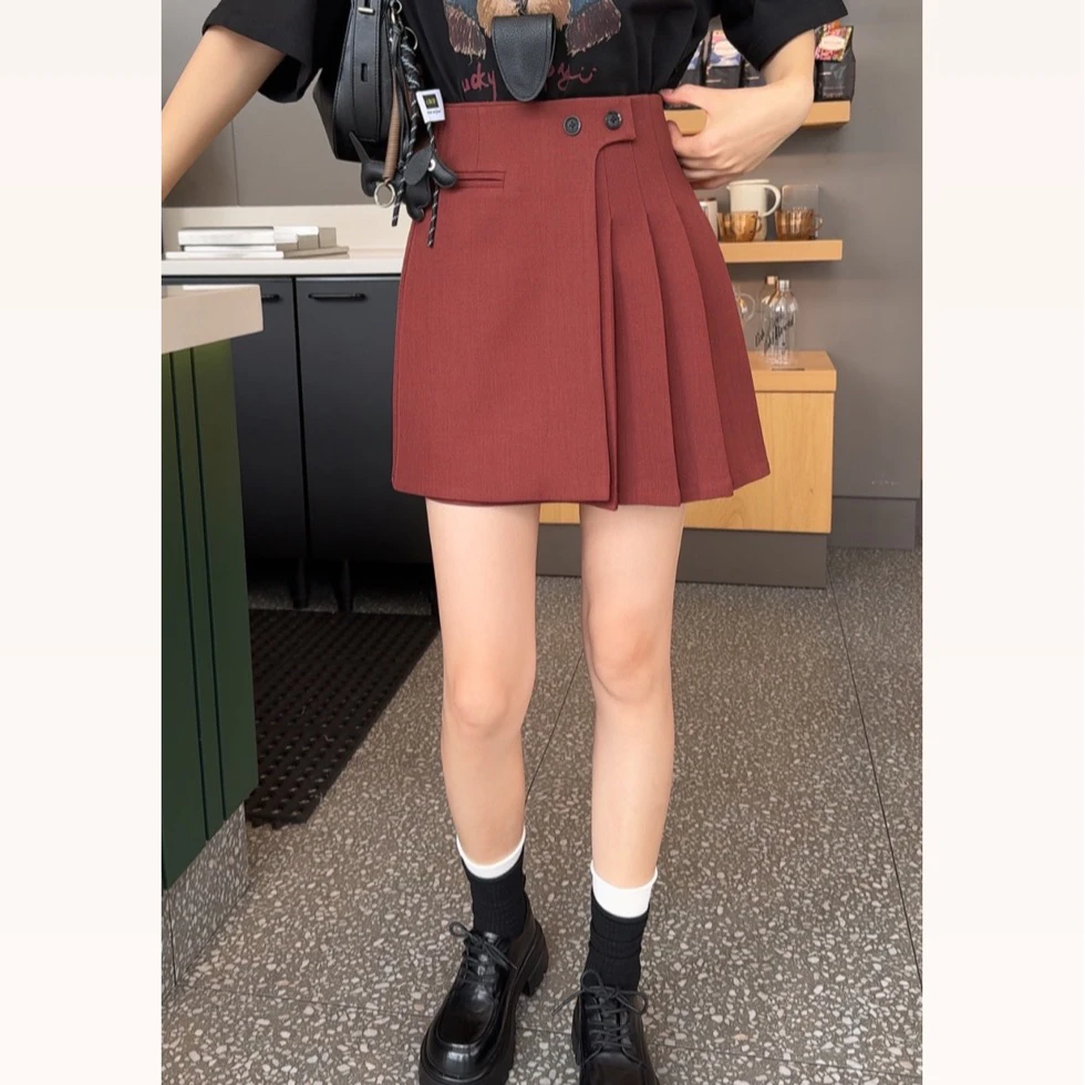 【单裙子】百褶裙短裙小个子高腰显瘦a字西装斜纹料半身裙