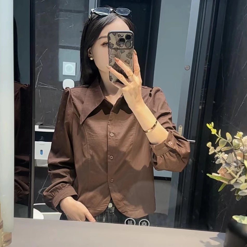 早秋新款设计感气质尖尖领配丝巾衬衫3478