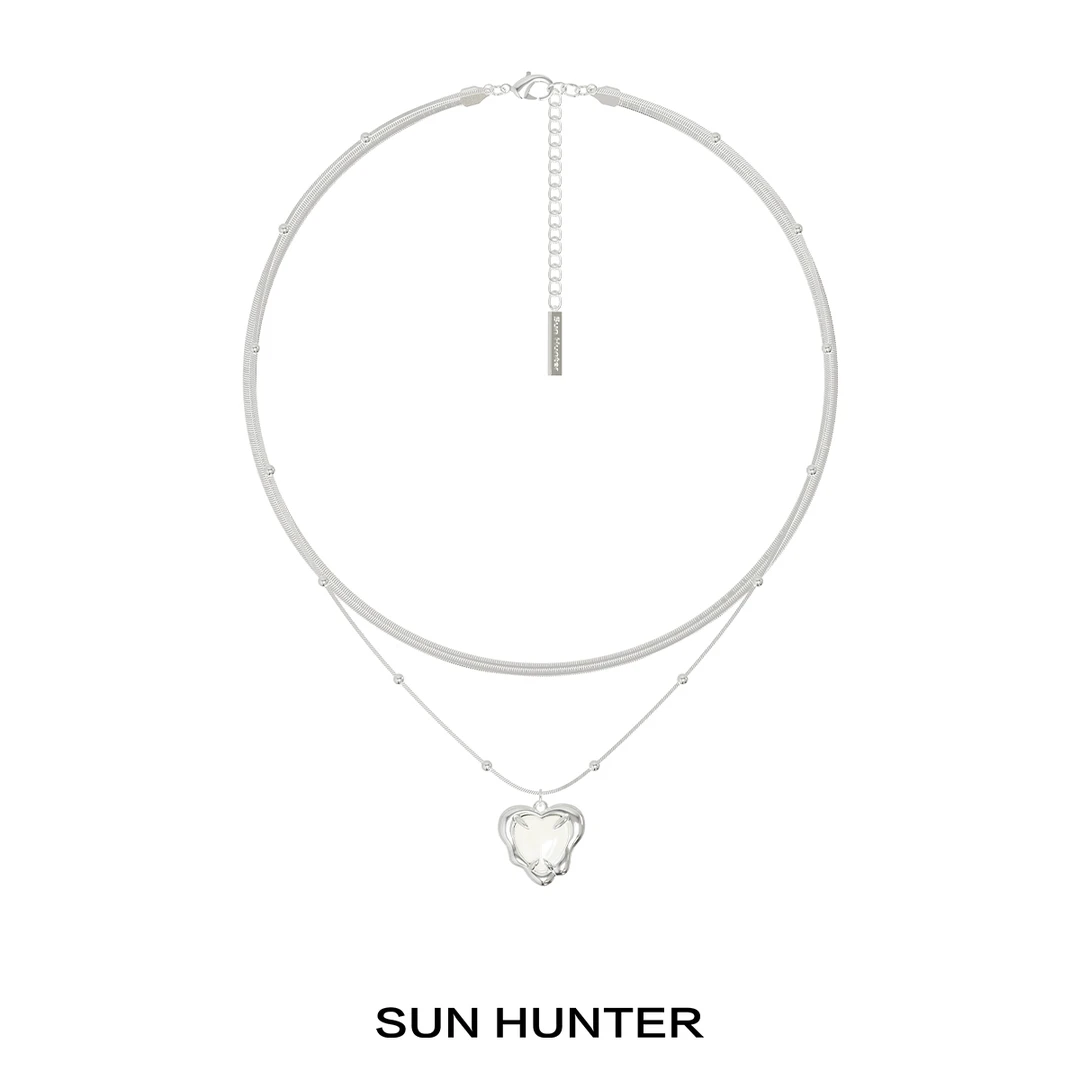 铜合金项链 三横SUN HUNTER原创双层融化爱心项链复古叠戴锁骨链