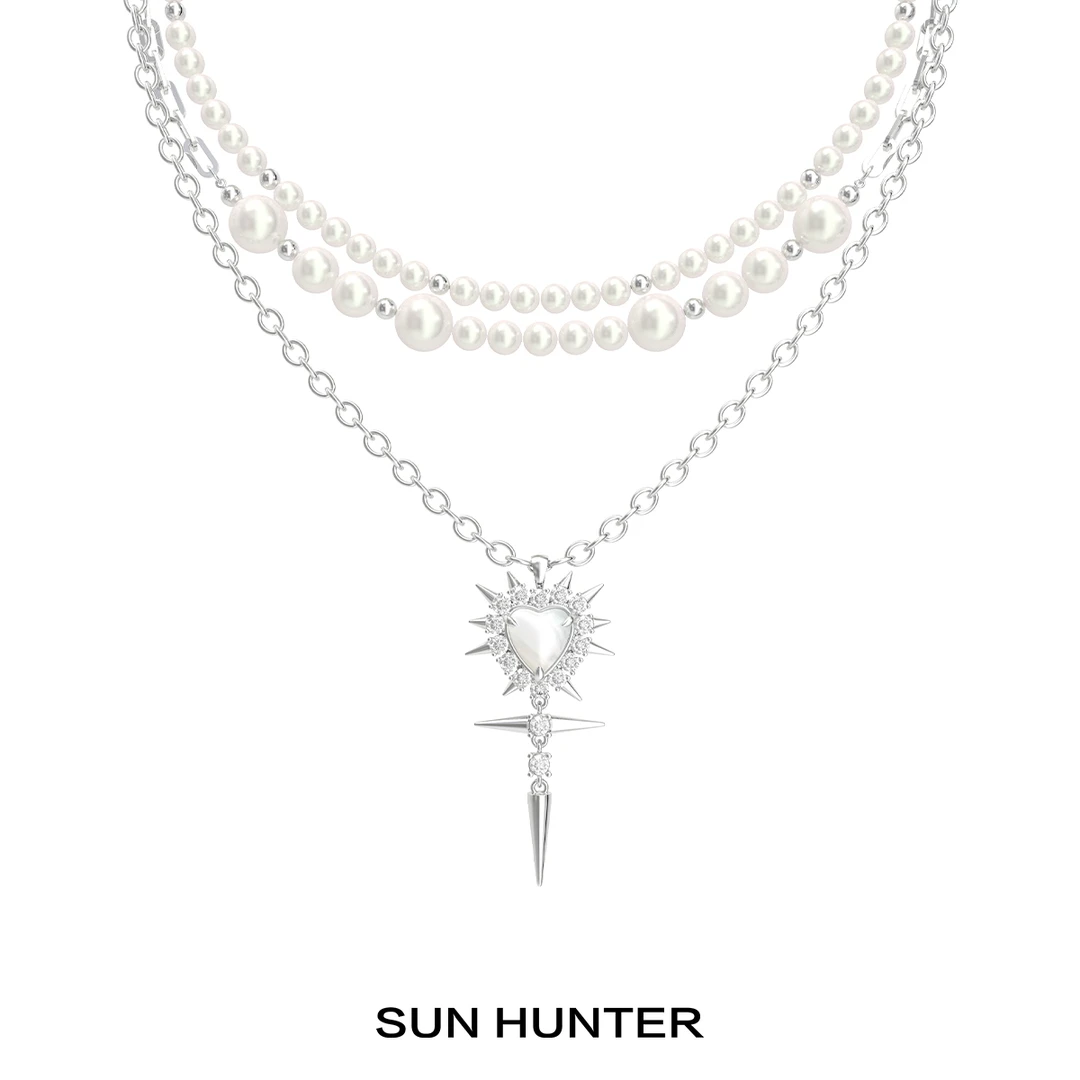 铜合金仿珍珠项链 三横SUN HUNTER原创多层串珠拼接爱心铆钉项链
