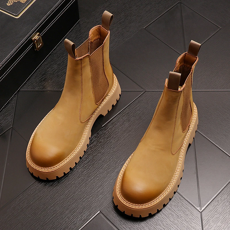 中帮马丁靴纯手工高端男鞋英伦风短靴子复古大黄靴真皮切尔西靴