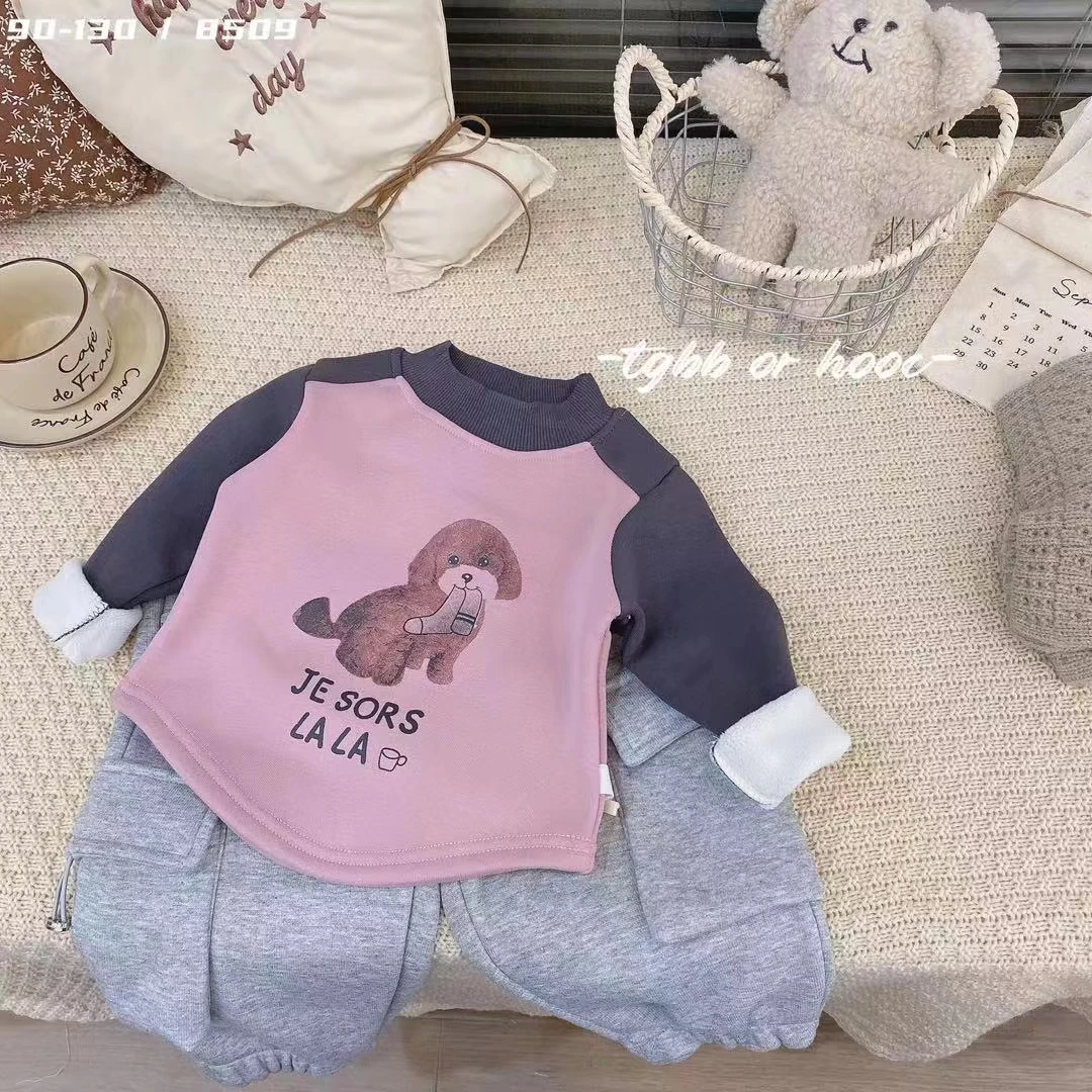 8509卡通小狗插肩打底衫（紫灰）