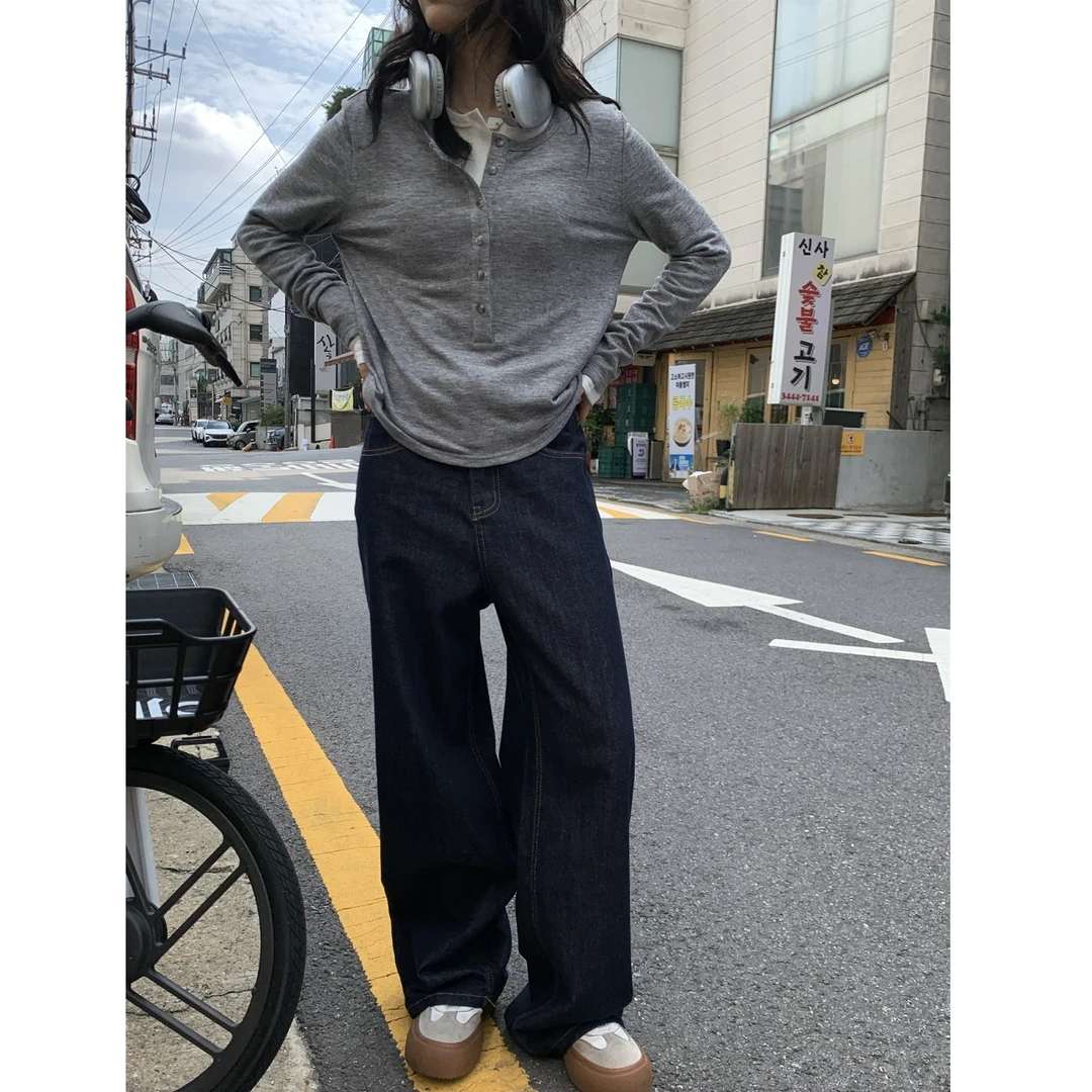 【秋日原牛】中腰宽松显瘦百搭垂感直筒裤秋款原色牛仔裤99915