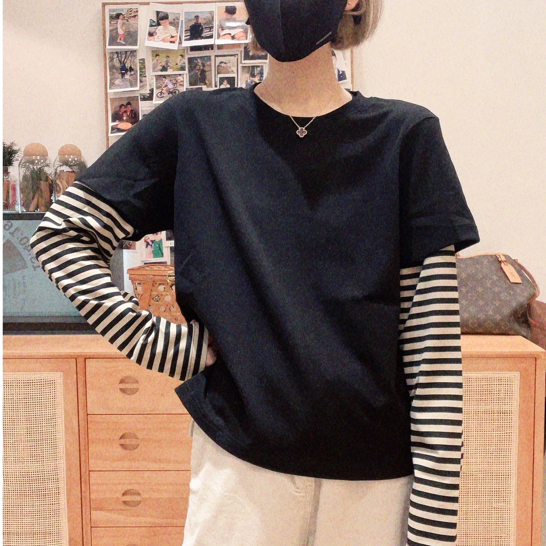 假两件撞色条纹长袖T恤女秋季新款设计感宽松显瘦休闲百搭上衣